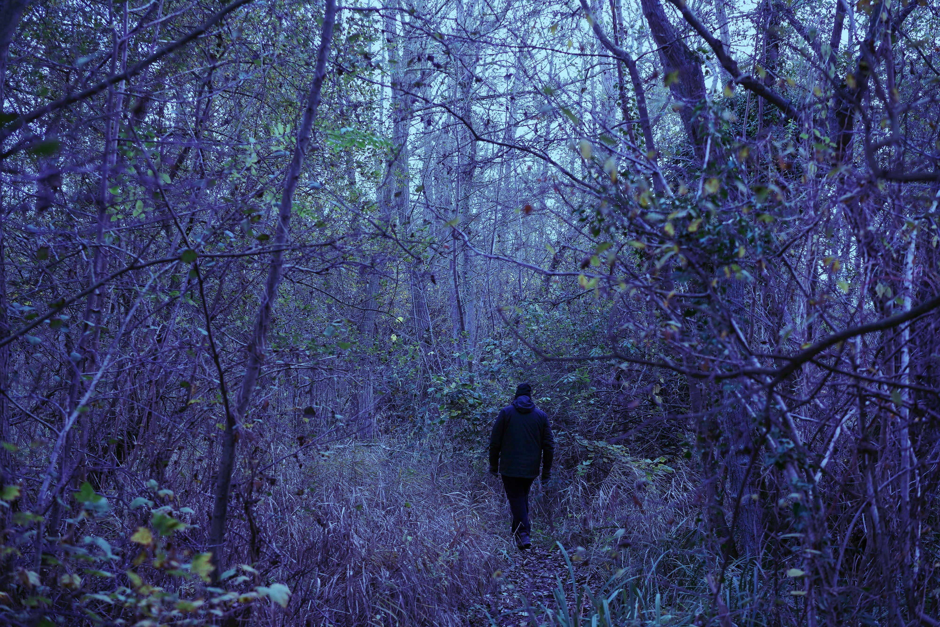 a man in a black jacket is walking through the woods